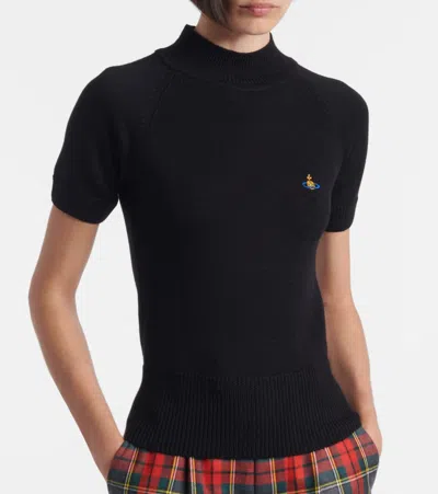 Vivienne Westwood Fitted Short Puff Sleeve Sweater With Embroidered Emblem In Black