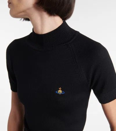 Vivienne Westwood Fitted Short Puff Sleeve Sweater With Embroidered Emblem In Black