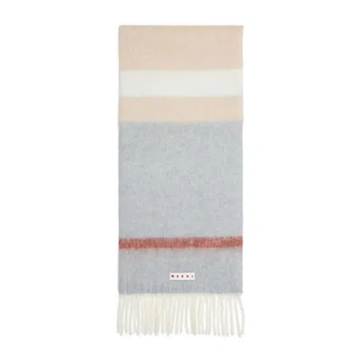 Marni Multicolour Wool Scarf With Fringed Edges And Logo Label In Gray