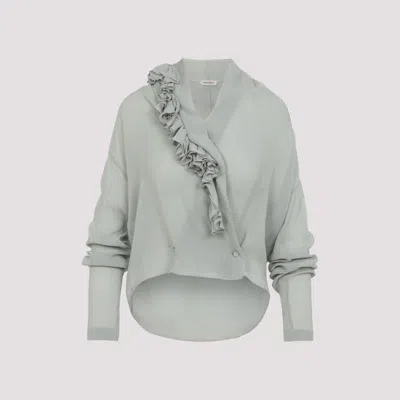 Alberta Ferretti Light Gray Ruffle Blouse With Deep V-neckline In White