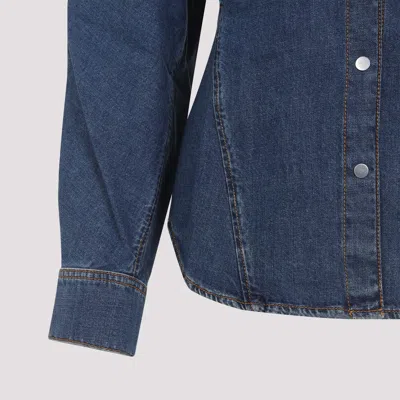 Alaïa Mineral Blue Cotton Curved Shirt With Pointed Collar In Blue