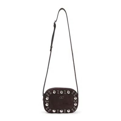 Valentino Garavani Dome-shaped Crossbody Bag With Metallic Eyelets And Adjustable Strap In Brown