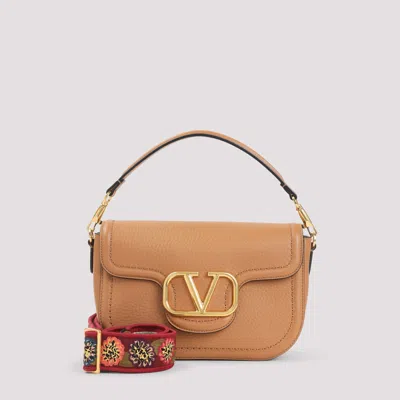 Valentino Garavani Almond Beige Calf Leather Alltime Shoulder Bag In Brown