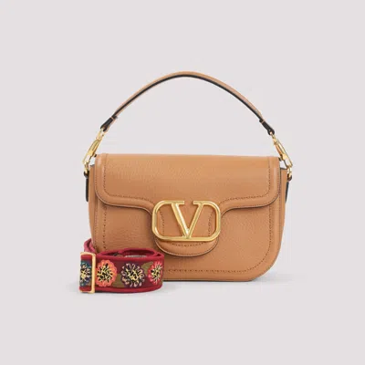 Valentino Garavani Almond Beige Calf Leather Alltime Shoulder Bag In Brown