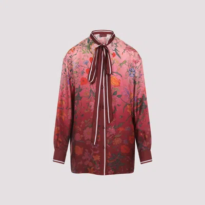 Gucci Bordeaux Shirt With Collar With Bow And All-over Flora Print In Silk Woman In Pink