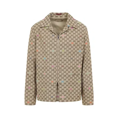 Gucci Beige Shirt With Spread Collar And Two Front Welt Pockets In Gg Canvas Man In Brown