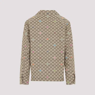 Gucci Beige Shirt With Spread Collar And Two Front Welt Pockets In Gg Canvas Man In Brown