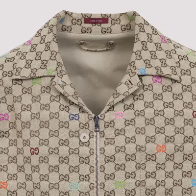 Gucci Beige Shirt With Spread Collar And Two Front Welt Pockets In Gg Canvas Man In Brown