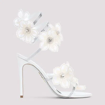 René Caovilla Leather Floral Embroidered Crystal Sandals In White