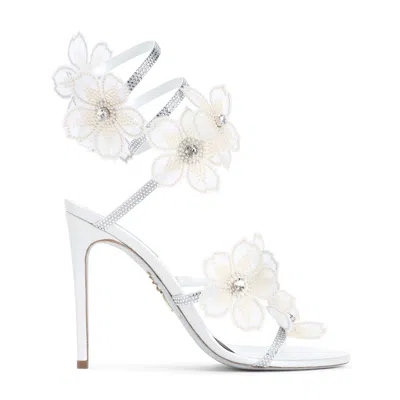 René Caovilla Leather Floral Embroidered Crystal Sandals In White