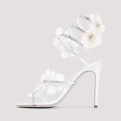 René Caovilla Leather Floral Embroidered Crystal Sandals In White