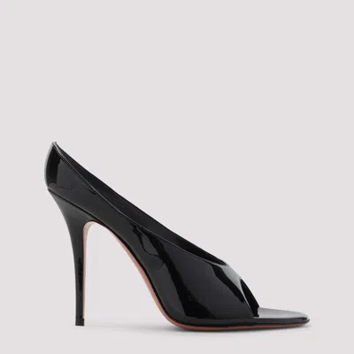 Amina Muaddi Black Calf Leather Bos Taurus Stiletto Heel Sandals In Black