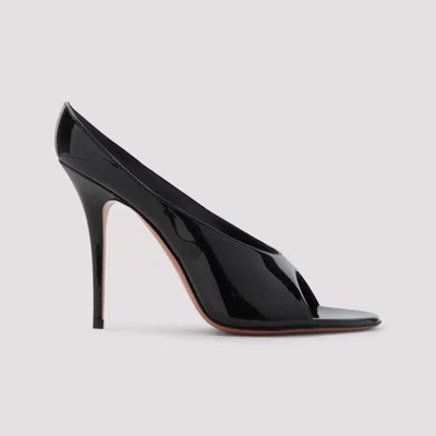 Amina Muaddi Black Calf Leather Bos Taurus Stiletto Heel Sandals In Black