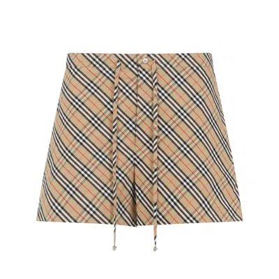 Burberry Women Beige Shorts With Elastic Drawstring Waist And All-over Check Motif In Cotton Woman In Multi