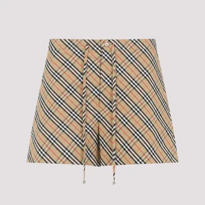 Burberry Women Beige Shorts With Elastic Drawstring Waist And All-over Check Motif In Cotton Woman In Multi