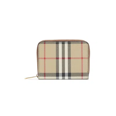 Burberry Structured Check Pattern Wallet With Zip Closure In Brown