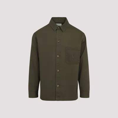 Saint Laurent Green Shirt With Classic Collar And Cassandre Embroidery On The Front In Cotton Man