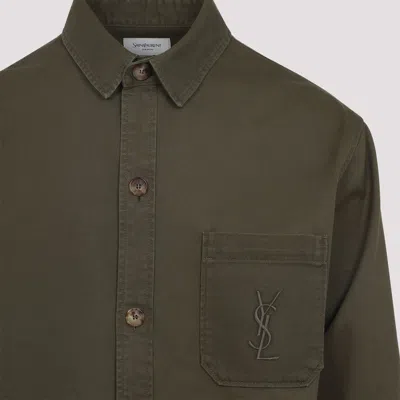 Saint Laurent Green Shirt With Classic Collar And Cassandre Embroidery On The Front In Cotton Man