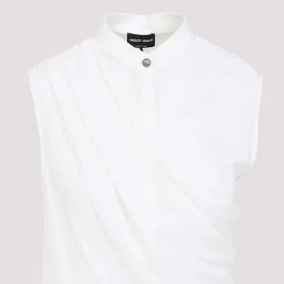 Giorgio Armani Draped Silk Shirt Korean Collar In White