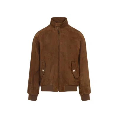 Valentino Ribbed Lambskin Suede Leather Jacket With Stand-up Collar In Brown
