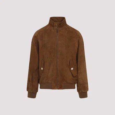 Valentino Ribbed Lambskin Suede Leather Jacket With Stand-up Collar In Brown