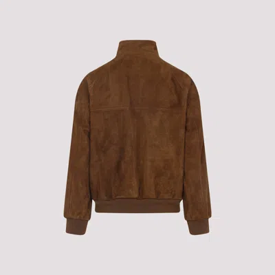 Valentino Ribbed Lambskin Suede Leather Jacket With Stand-up Collar In Brown