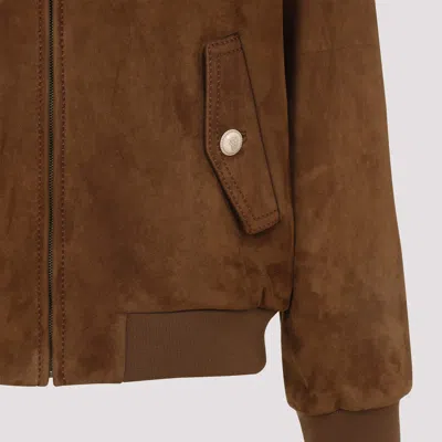 Valentino Ribbed Lambskin Suede Leather Jacket With Stand-up Collar In Brown