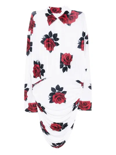 Norma Kamali Oversized Boyfriend Shirt Shirred Bottom Mini Dress In White