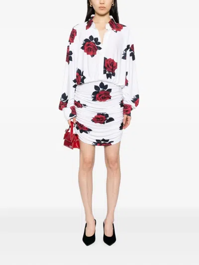 Norma Kamali Oversized Boyfriend Shirt Shirred Bottom Mini Dress In White