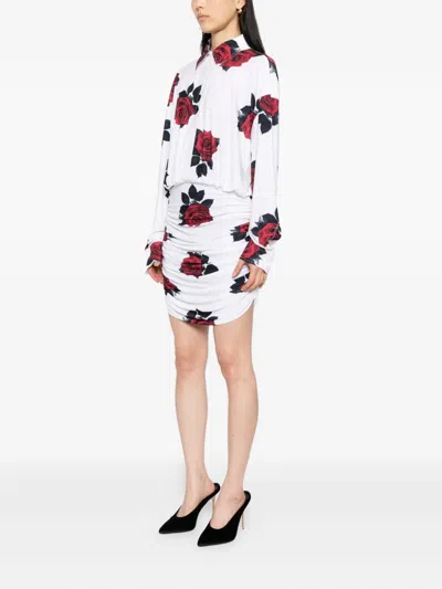 Norma Kamali Oversized Boyfriend Shirt Shirred Bottom Mini Dress In White