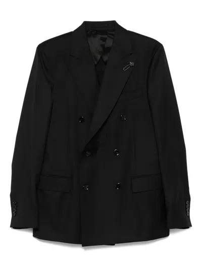 Lardini Double-breasted Black Jacket With Textured Fabric In Black