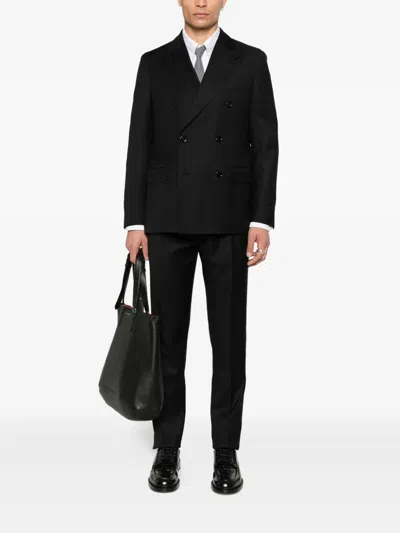 Lardini Double-breasted Black Jacket With Textured Fabric In Black