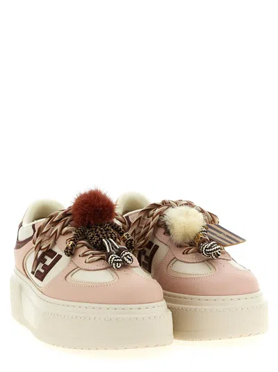Fendi Low Top Platform Shoes In Pink Leather With Charm In Neutral