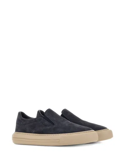 Hogan Navy Blue Suede H691 Slip Ons In Gray