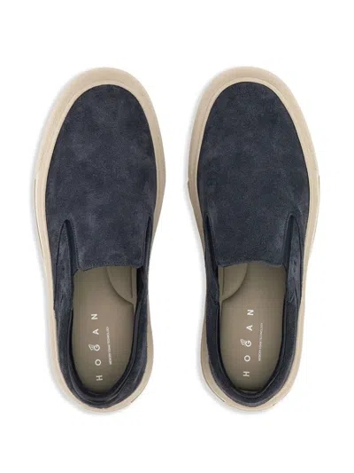 Hogan Navy Blue Suede H691 Slip Ons In Gray