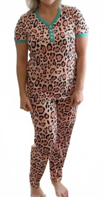 Shirley Stone Leopard Short Sleeve Loungewear Set In Multi In Brown