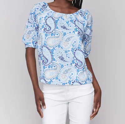 Charlie B Off-the-shoulder Cotton Blouse In Paisley Printed In Blue