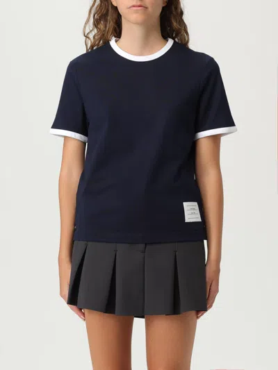 Thom Browne Cotton T-shirt With Logo Patch In Blue
