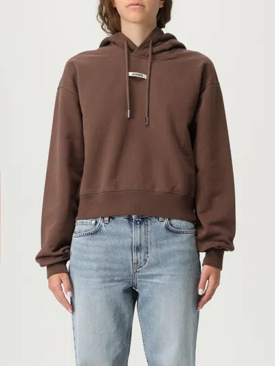 Jacquemus Le Hoodie Gros Grain Brown Cropped Hoodie With Drawstring Hood And Logo Patch On The Front In Cotton In Brown