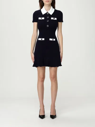 Self-portrait Mini Knitted Dress With Contrasting Collar In Blue