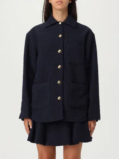 Pinko Shiny Metallic Textured Jacket With Gold Buttons In Blue