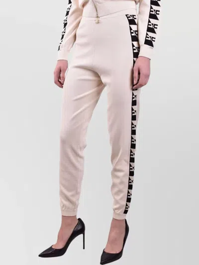 Elisabetta Franchi Trousers With Elastic Waistband And Ribbed Cuffs In Neutral