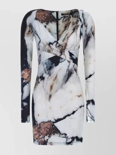 Roberto Cavalli Printed Abstract Fitted Mini V-neck Dress In Multicolor