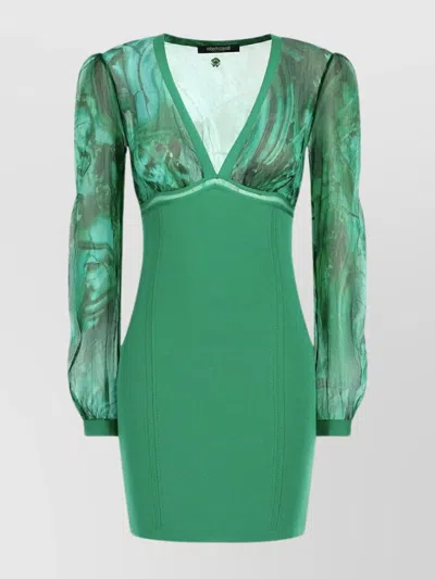 Roberto Cavalli V-neckline Fitted Silhouette Mini Length Sheer Long Sleeves In Green