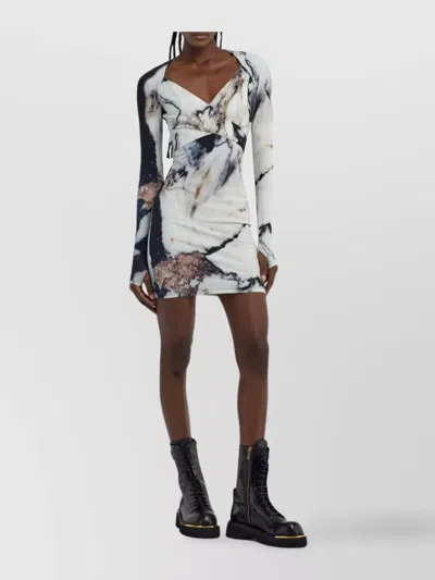 Roberto Cavalli Printed Abstract Fitted Mini V-neck Dress In Multicolor
