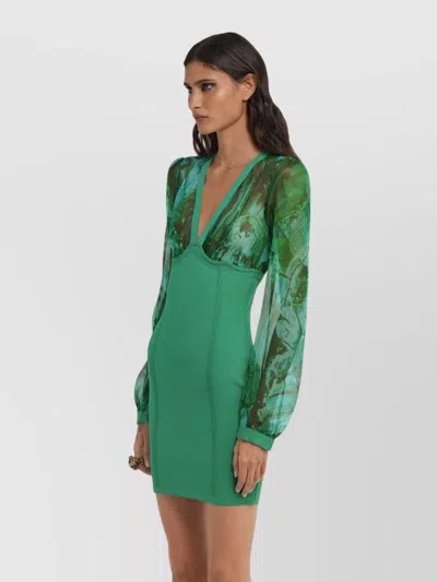 Roberto Cavalli V-neckline Fitted Silhouette Mini Length Sheer Long Sleeves In Green