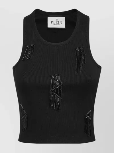Philipp Plein Embellished Ribbed Sleeveless Cropped Tops In Black