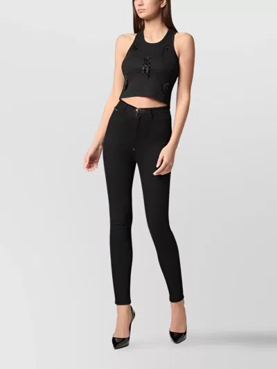Philipp Plein Embellished Ribbed Sleeveless Cropped Tops In Black