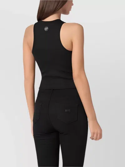 Philipp Plein Embellished Ribbed Sleeveless Cropped Tops In Black