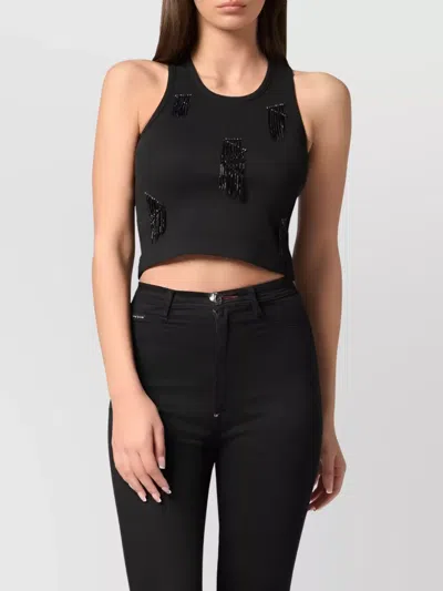 Philipp Plein Embellished Ribbed Sleeveless Cropped Tops In Black